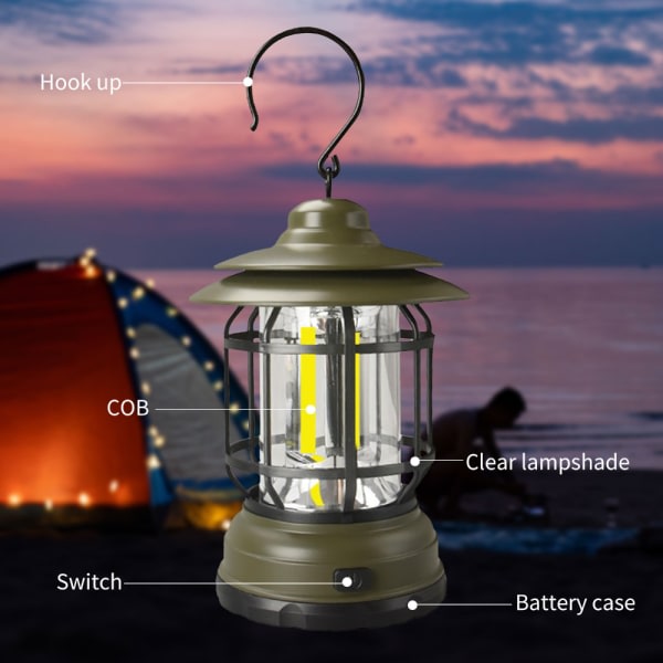 LED campinglykta hängande tältlampa Retro bärbar lampa Svart batterityp