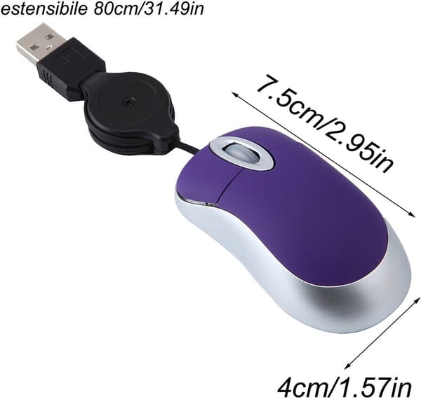 Mini infällbar optisk USB-mus med scrollhjul, Plug and Play, 800 DPI, bärbar rese-mus för PC och laptop, lila/silver