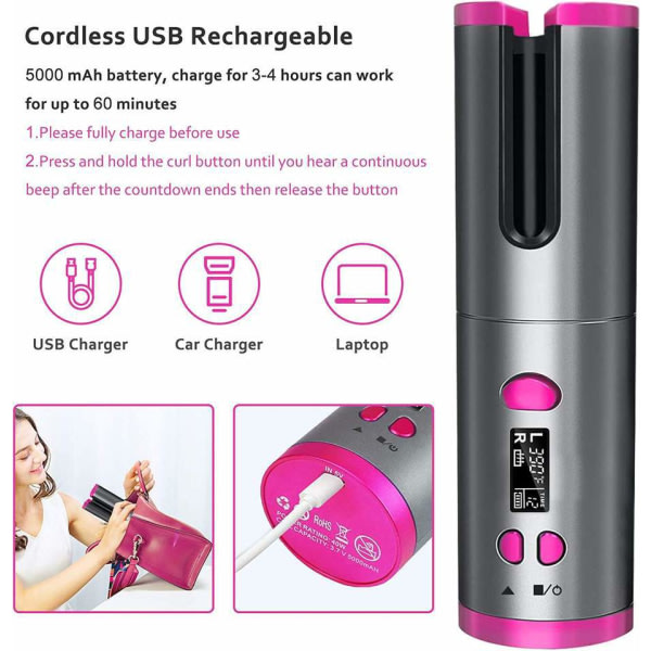 TG LCD Trådløs Oppladbart Automatisk Curling Iron