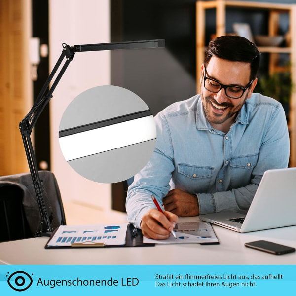LED-bordslampa, 14W hopfällbar arkitektbordslampa med klämma, 10 ljusstyrkanivåer x 3 färglägen, justerbar bordslampa, ögonskydd