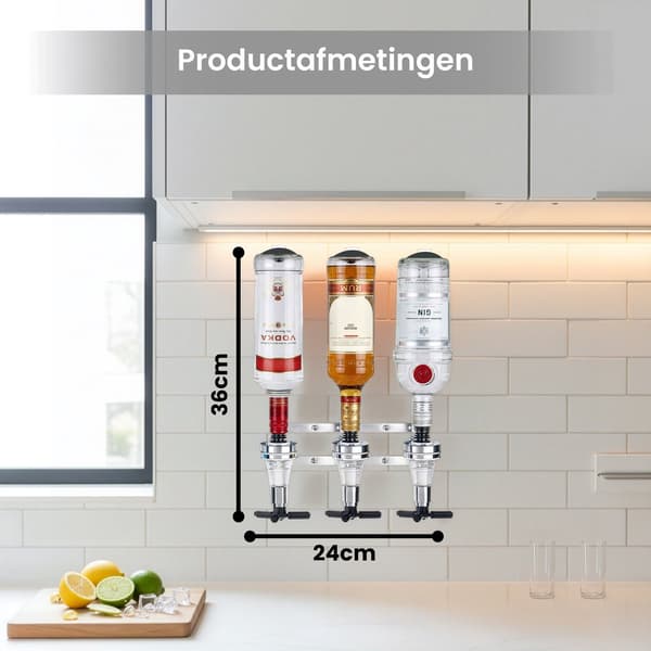 DIVERZA Väggmonterad spritdispenser för 3 flaskor, barbutler i metall med doseringsmått för hemmabar och presenter