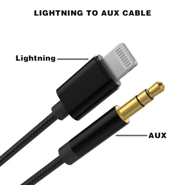 2M Lightning til AUX 3.5mm Kabel/Adapter Bil Svart 8-Pack