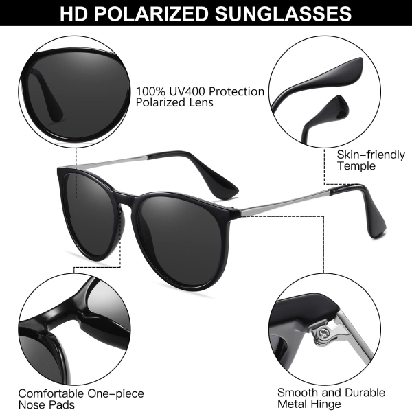 Solbriller Dame Herre Retro Polariseret, 2 par