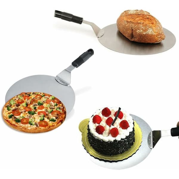Rund pizzaspade i rustfrit stål med skridsikkert håndtag, ideel til kager, pizzaer og tærter