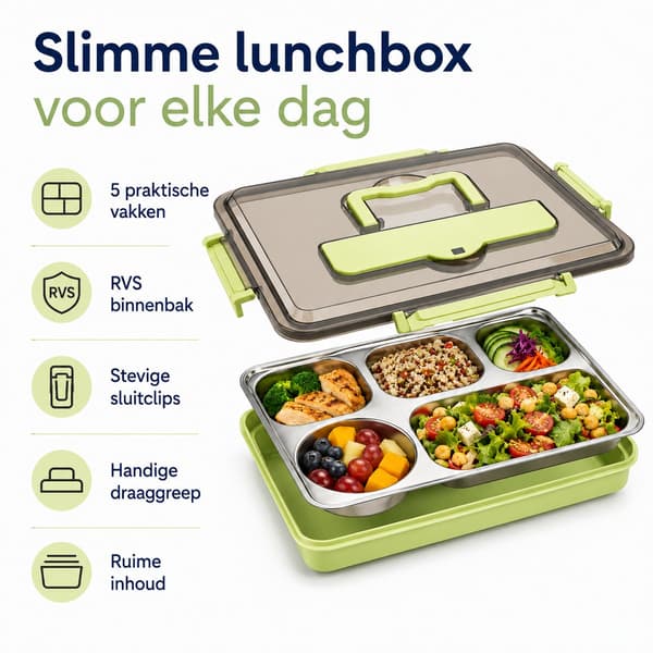 Bento Madkasse, 5 Rum, 304 Rustfrit Stål, Lækagesikker Isoleret, Til Børn Og Voksne, Skole Og Arbejde, Nordisk Grøn