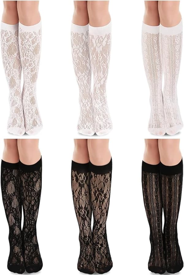 Kniestrømper i blonde til kvinder, 6 par, løse ankelstrømper i mesh-nylon, sort og hvid