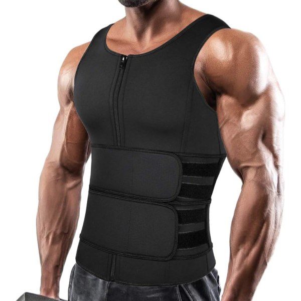 Män Neopren Sauna Dragkedja Midjetränare Väst Tank Top Trimmer Kroppsshaper med två bälten