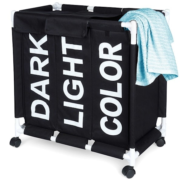 Laundry basket with wheels and three compartments for easy sorting