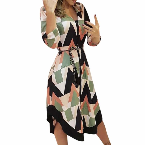 Vårklänningar för kvinnor, 2023 långärmad geometrisk klänning Mode Casual V-ringad strandsolklänning med knappar