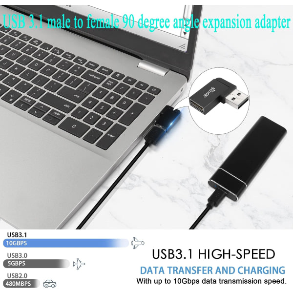 USB 3.1 90° Vinklad 10 Gbps USB 3.1 Hane till Hona-adapter, Högre A