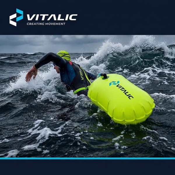 VITALIC Simboj för simning i öppet vatten, hög synlighet fluorescerande gul säkerhetsflöte med justerbart midjebälte för triathleter