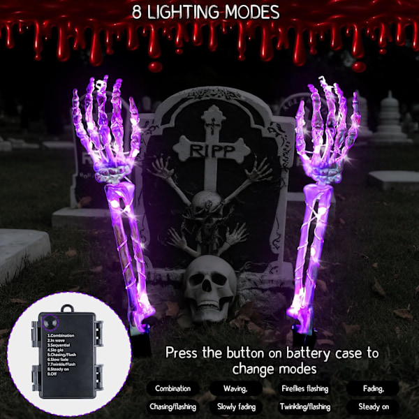 2 st Skelett Händer med 48 LED-Ljusslingor, Vattentät Halloween Dekoration Lila skelett hand Parent