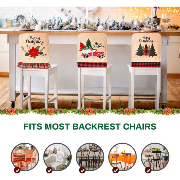 Julöverdrag Set med 3 st Matsalsstolsöverdrag för Jul Linne Matstolsöverdrag Julgran Blomma Cover