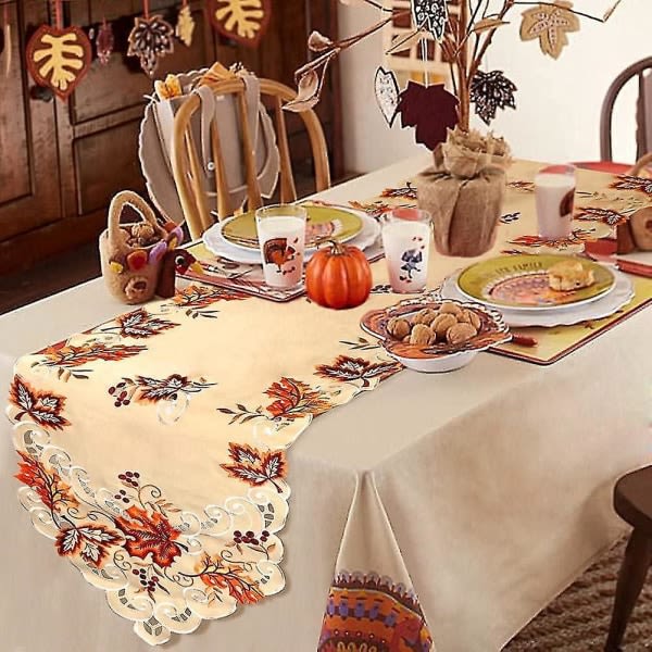 Broderad höstbordslöpare Thanksgiving-dekor, 15 X 67 tum lönnlöv bordslöpare för hösten