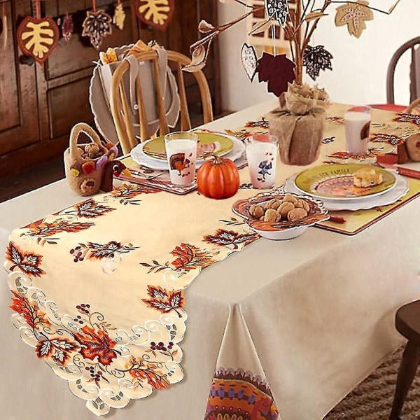 Broderet efterårsbordsløber Thanksgiving-dekoration, 15 X 67 tommer lønneblad bordsløber til efteråret Th