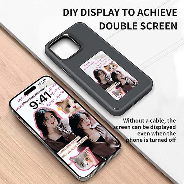 Mobilskal för iPhone 15 Pro Max med E Ink-skärm 4-Färgs NFC DIY Mobilskal - Svart-yux