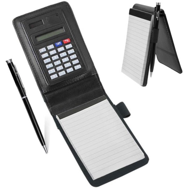 Galaxy PU-läderficka Notebook A7 Handy Jotter penna och solenergi miniräknare Black