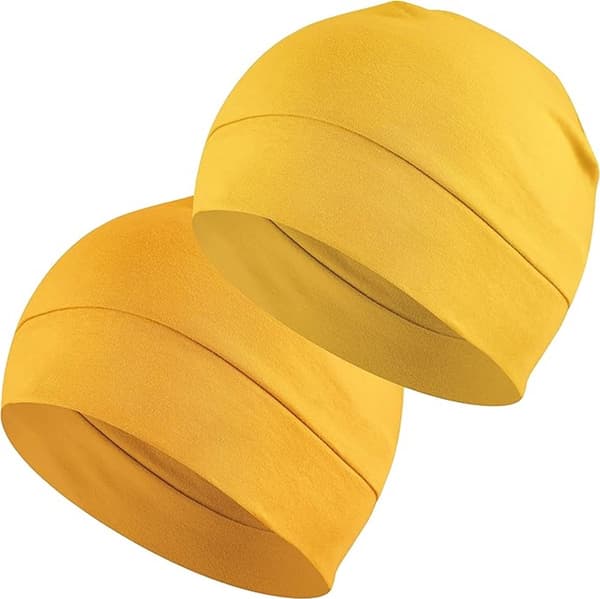 100 % bomull lätta andningsbara mössor, unisex hjälmfoder för sport, sömn, motorcykelhjälmar, gul 2-pack, 54-59 cm