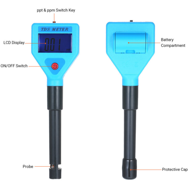 TDS-mätare Vattenkvalitetsanalysator Testpenna Blå bakgrundsbelysning Levereras utan batteri