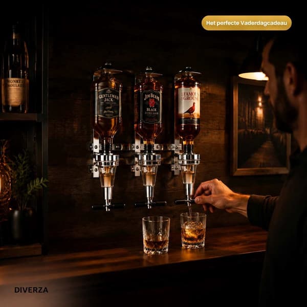 DIVERZA Väggmonterad spritdispenser för 3 flaskor, barbutler i metall med doseringsmått för hemmabar och presenter