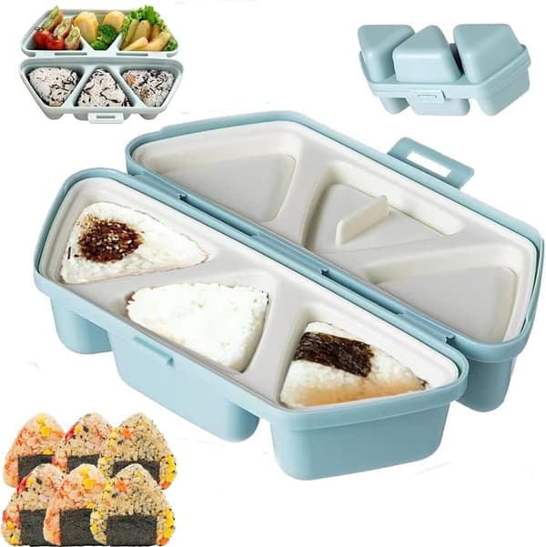 6-i-1 Onigiri-form, trekantet risbollemaskin med skje, matsikker PP, for matbokser, lunsjer og pikniker, blå