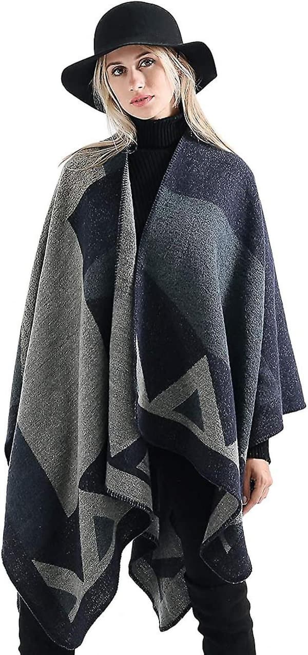 Vintertørklæde Sjal Poncho Kappe - Dame Varm Åben Foran Trykt Vendbar