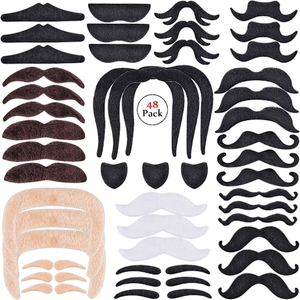 48 Pakk Falske Bartsett, Limte Flerfargede Barter for Fest, Maskerade, Halloween, Forestilling
