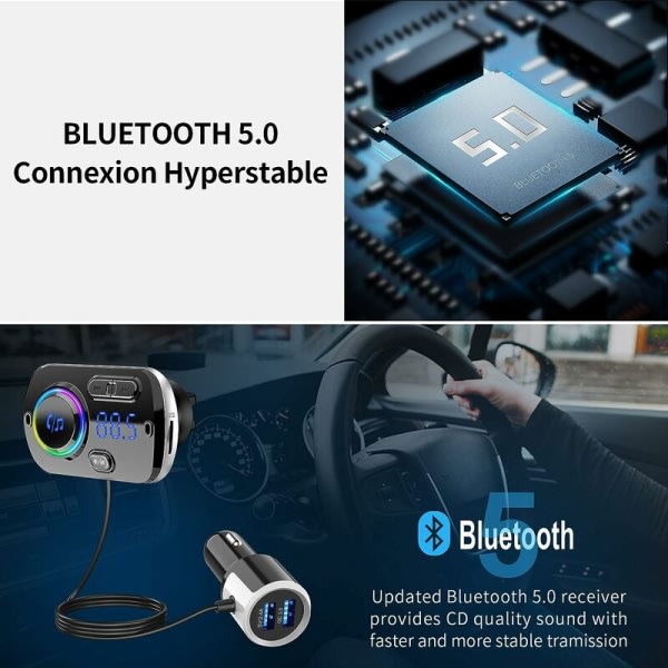 Bluetooth 5.0 FM-sender Trådløs radioadapter Håndfri bilsats, QC3.0 og 5V/2.4A rask billaddare 2 USB-porter Fargestarkt lysstøtte Siri TF
