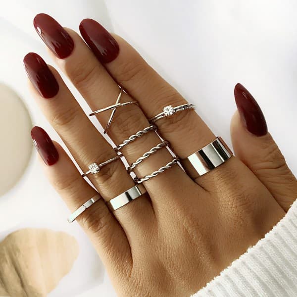 9 stk. Twisted Stacking Ring Sæt Glat Tynd Båndring Komfortpasform Justerbar Åben Ring Bånd Statement Smykker til Kvinder Sølv