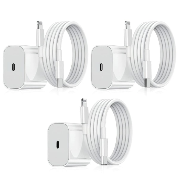 Lader for iPhone - Hurtiglader - Adapter + Kabel 20W USB-C Hvit White 3-Pack iPhone