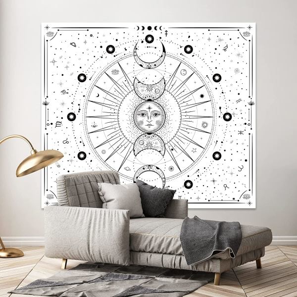Sol Måne Gobeleng Psykedelisk Svart og Hvit Veggteppe Veggdekorasjon for Soverom (Lys Hvit, 51,2x59,1 tommer, 130x150 cm)