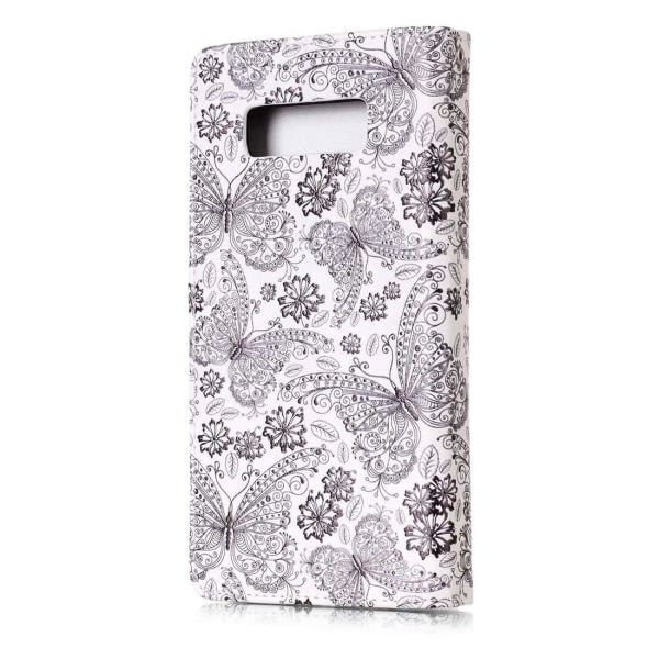 Plånboksfodral för Galaxy Note 8 - Vit med fjärilar och blommor Vit, svart