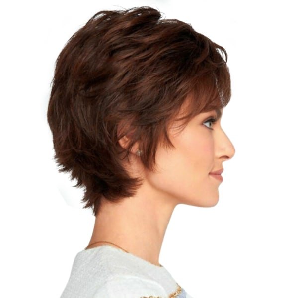 TG Dam Medium Brun Fluffig Kort Lite Lockig Peruk Naturlig