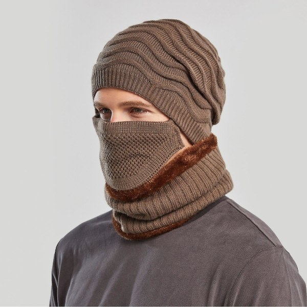 Miesten Talvipipo ja Huivisetti Hiihto Balaclava Tuulenpitävä Paksu Plyysi Neulopipo Skullies Kaulaliina Lämmin Fleece Designer Hat Tummanruskea ONE SIZE