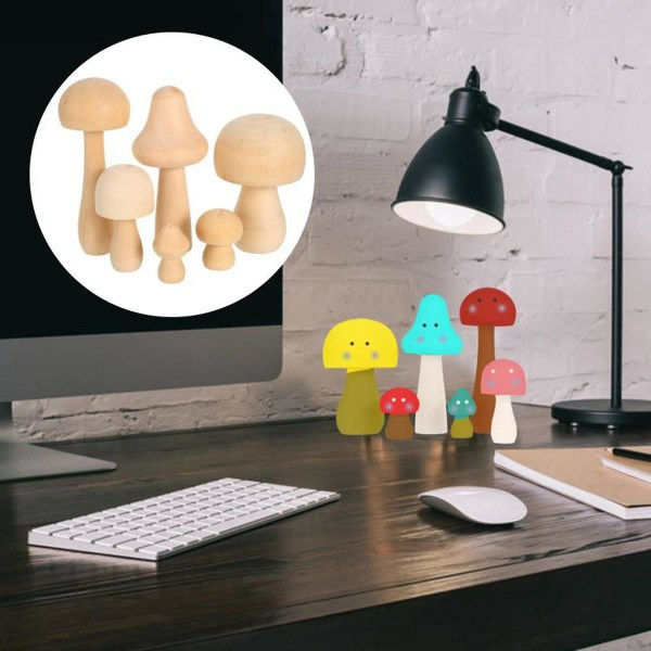 6 kpl luonnollisia sienen muotoisia puuleluja, viimeistelemättömiä sieni DIY-käsitöitä, maalaus, tappinuket, koristeet