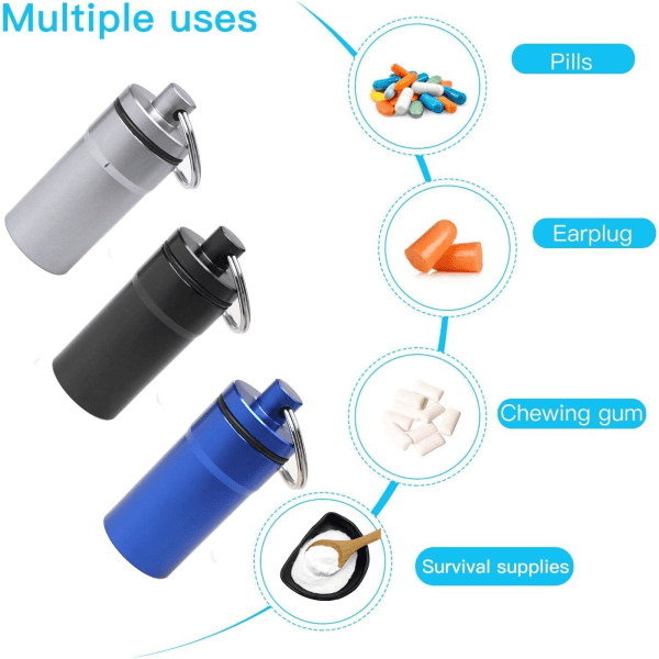 TG 3 mini medisinbokser i aluminium (svart, sølv, blå), vanntett