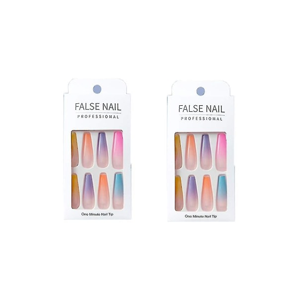 48 st Press On Nails Kista, Långa falska naglar Regnbåge Gradient Farve Blank Akryl Ballerina lösnaglar for kvinder og flickor Rainbow--