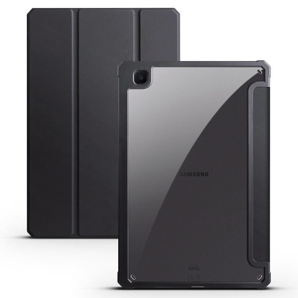 For Samsung Galaxy Tab S6 Lite / Tab S6 Lite (2022) PU Leather Tri-fold Stand Cover Soft TPU Transparent Acrylic Back Case With Auto Black