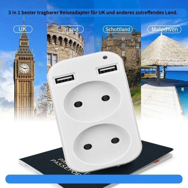 Reseadapter UK Saksa liitäntä 2 USB:llä, matkustussovitin virtalähteelle