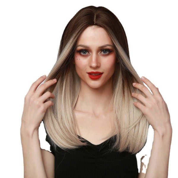 TG Peruk Damperuk Lång Rak Syntetisk Peruk Full Bangs Andas Gul
