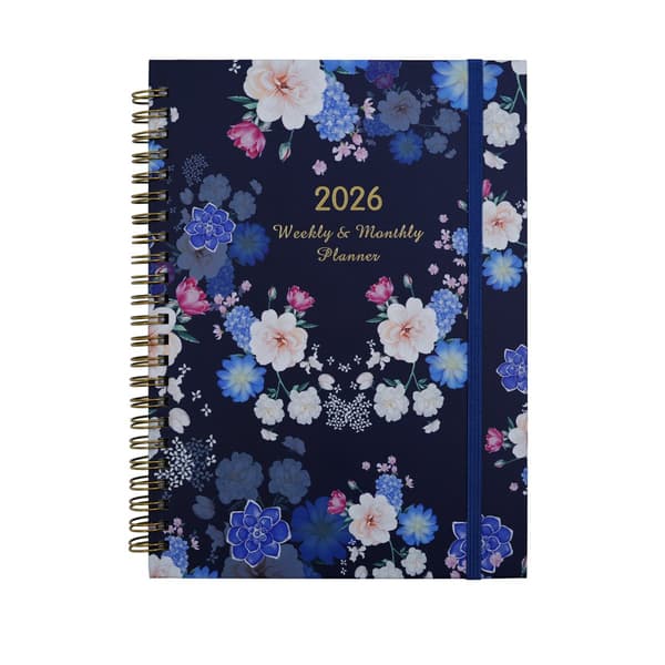 2026 Ugentlig og Månedlig Planlægger, Ringbindsnotesbog med Elastiklukning, til Skole, Arbejde og Møder, Marineblå Blomstret, 21.5 x 16.5 cm