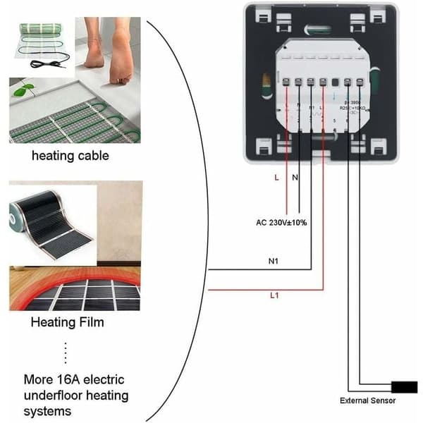 Programmerbar rumtermostat med 16A sensor til elektrisk gulvvarme, digital termostat til elektrisk gulvvarme, af DEBUNS