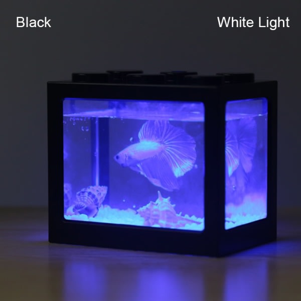 Stationär Mini Fish Tank USB LED Fish Box Akvariumblock staplade för skrivbordsinredning för hemmakontor USB svart cylinder vitt ljus