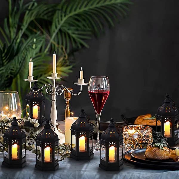 6 stk. Lanterne med LED-lys, sorte lyslanterner til jul_yux