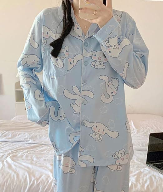 Kawaii Tecknade Pyjamas för Kvinnor och Flickor Långärmad Tröja med Pyjamasbyxor Sovkläder Hemmakläder 2-delat Pyjamasset Cinnamoroll Cinnamoroll L