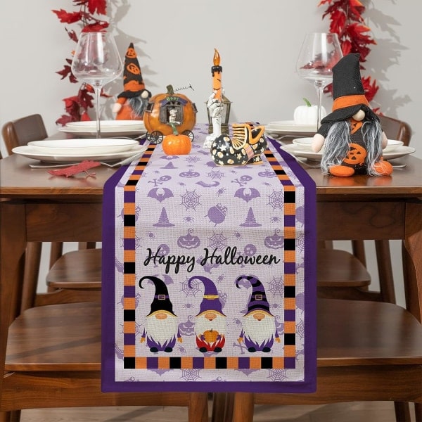 Halloween Lila Gnome Bordslöpare Lång Kök Matbordsdekoration för Semesterbröllop Inomhus Utomhusfest