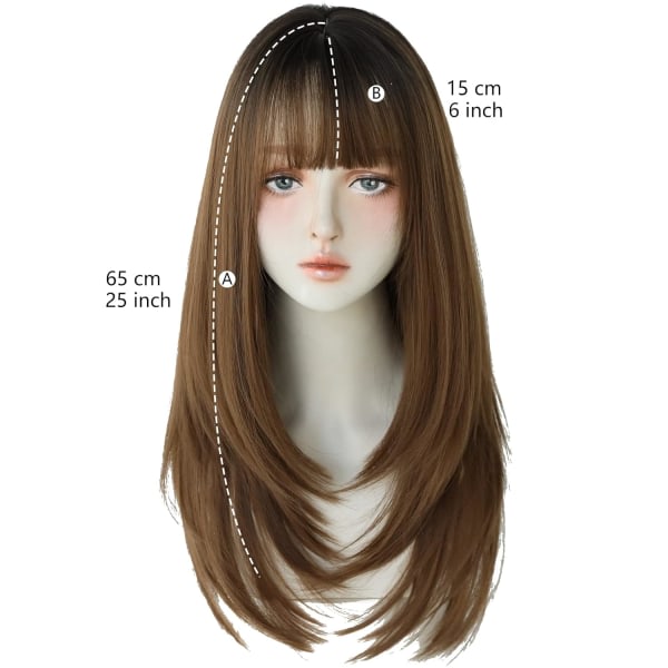 TG Hårfärgningsperuk for kvinder Syntetiskt hår Naturlig lang rak peruk med lugg (25 tum, Honey tea Dye Top Black)