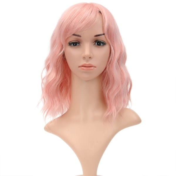 TG Naturlig vågig pastell rosa peruk Färgglada peruker med luftsmäll Korta bob-peruker axellängd peruk for women