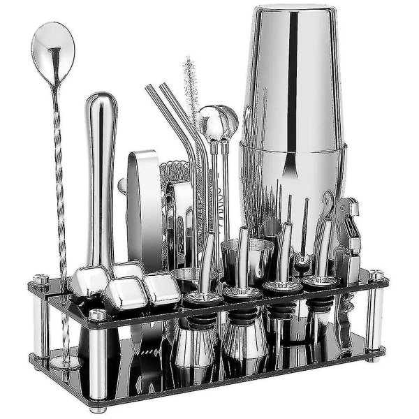 Cocktail Shaker Sæt, Boston Bartender Kit i Rustfrit Stål med Akryl Stativ & Cocktail Opskrifter