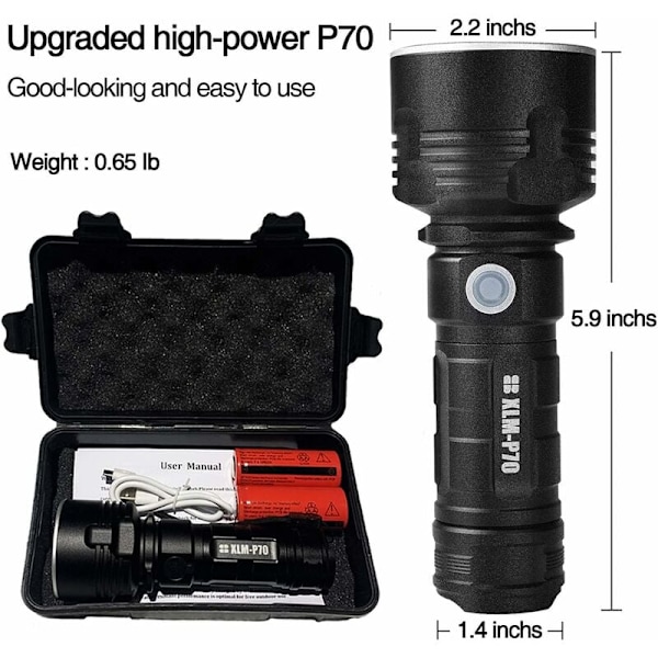 30000-100000 Lumen Högeffekts LED Ficklampa Vattentät Ultraljusstark, 3 Lägen Hög Ljusstyrka USB Uppladdningsbar Ficklampa (50W XLM-P70, Ett Batteri)